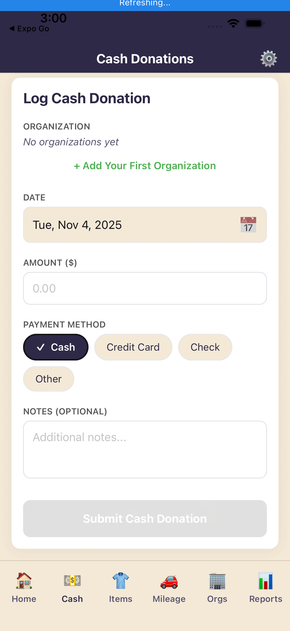 Cash donation entry screen with amount input field, organization selector, date picker, and optional note field