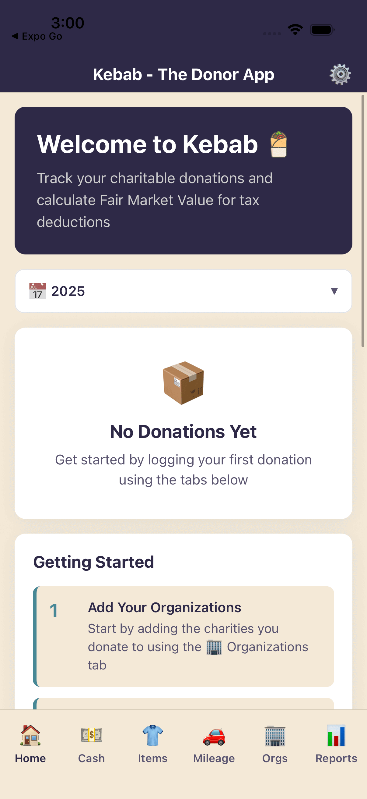 Kebab app home screen displaying donation summary, quick action buttons for cash and item donations, and recent transaction history