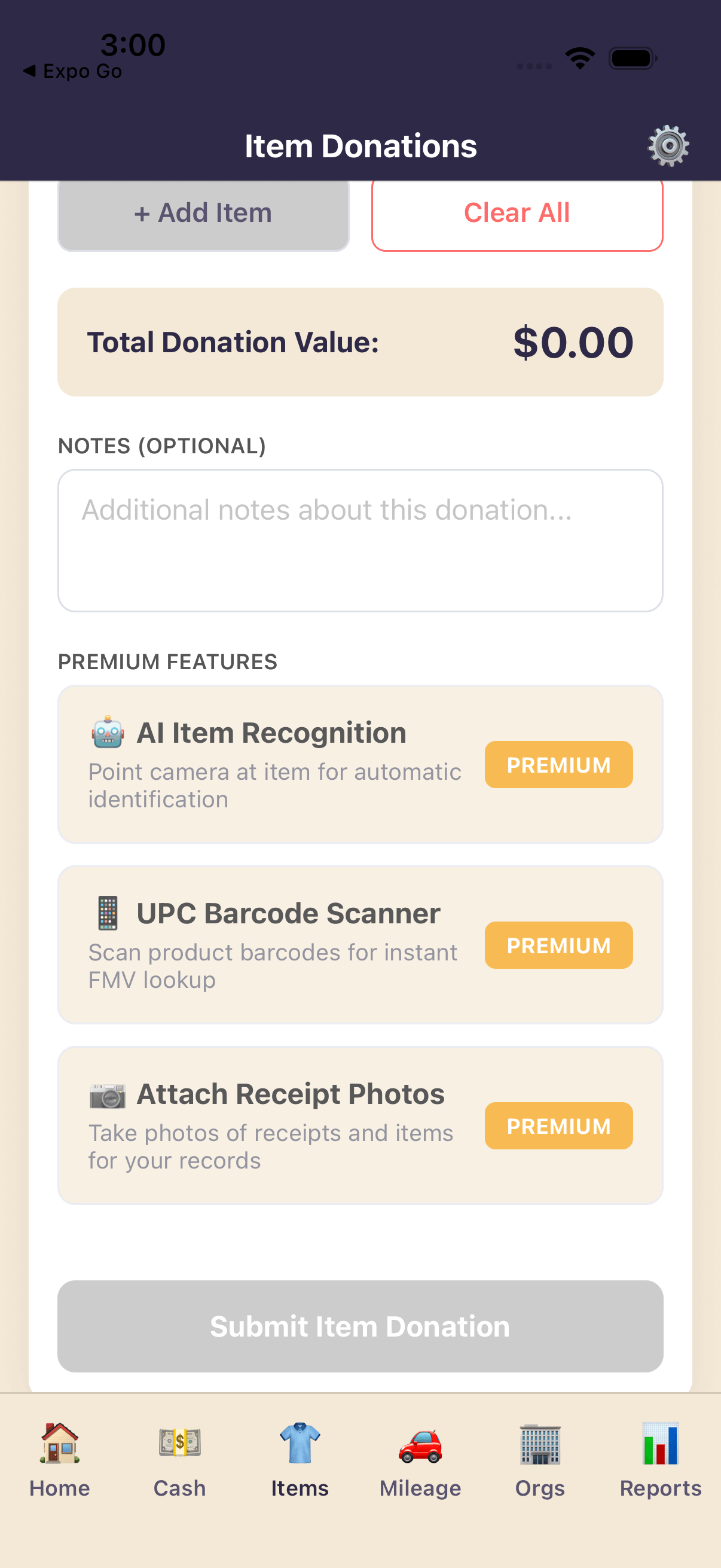 Item donation screen showing category selection, fair market value lookup tool, condition rating, and quantity input