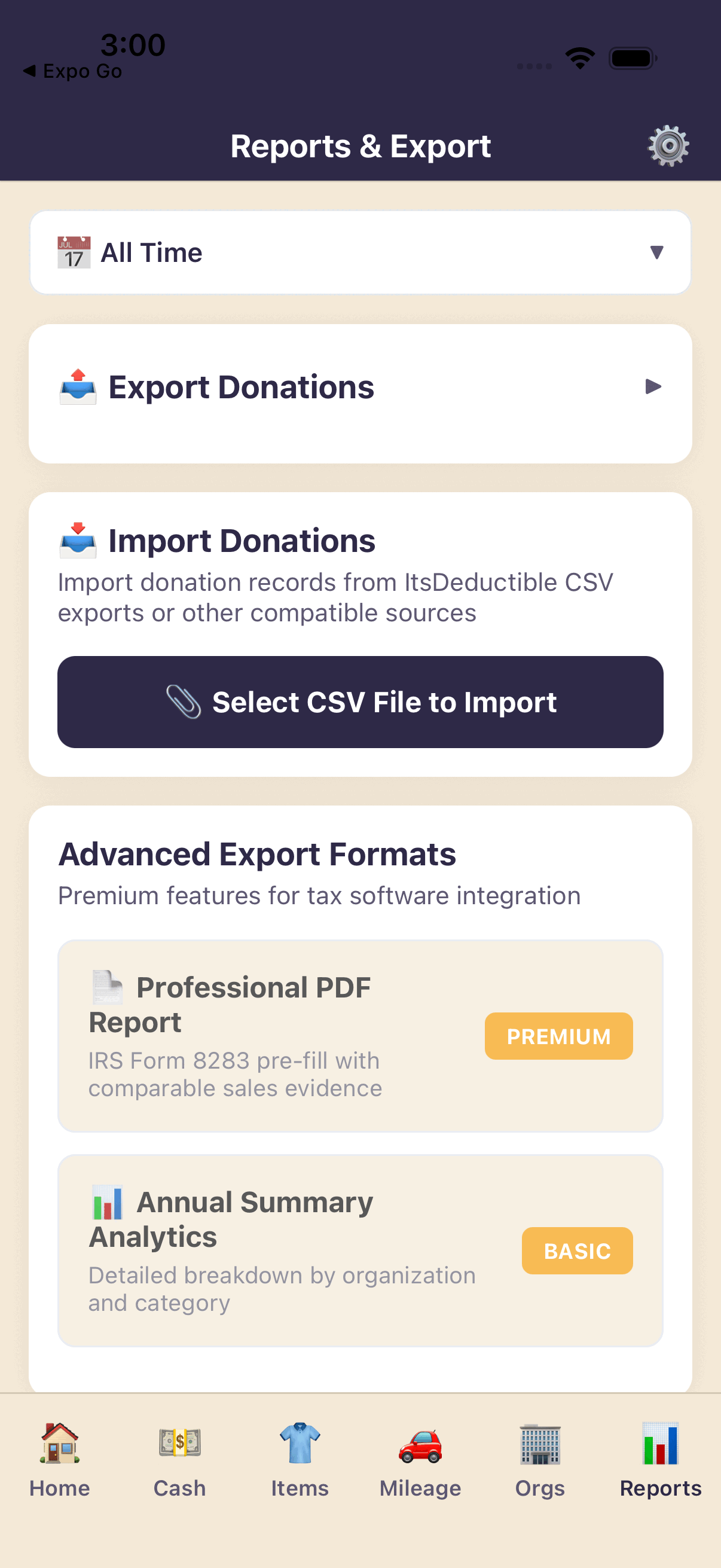 Reports and export screen displaying year-to-date summary, category breakdown chart, and CSV export button
